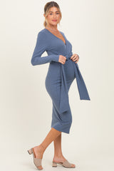 Denim Blue Ribbed Long Sleeve Maternity Wrap Dress