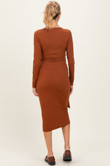 Mocha Ribbed Long Sleeve Maternity Wrap Dress