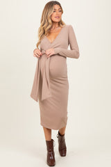 Taupe Ribbed Long Sleeve Maternity Wrap Dress