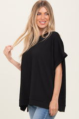 Black Solid Ribbed Short Sleeve Oversized Tunic Top