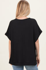 Black Solid Ribbed Short Sleeve Oversized Tunic Top