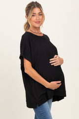 Black Solid Ribbed Short Sleeve Oversized Maternity Tunic Top