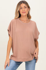 Brown Solid Ribbed Short Sleeve Oversized Maternity Tunic Top