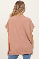 Brown Solid Ribbed Short Sleeve Oversized Maternity Tunic Top