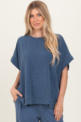 Purple Solid Ribbed Short Sleeve Oversized Tunic Top