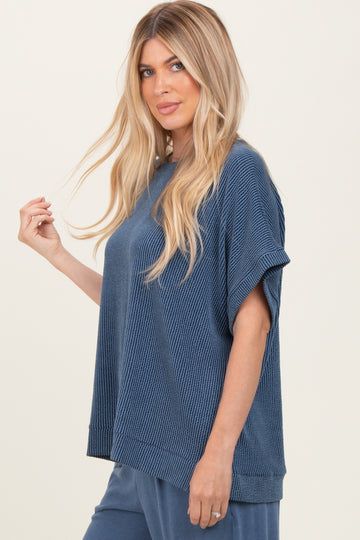 Blue Solid Ribbed Short Sleeve Oversized Tunic Top