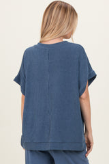 Purple Solid Ribbed Short Sleeve Oversized Tunic Top