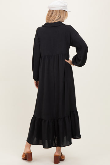 Black Solid Long Sleeve Button Down Tiered Collared Dress