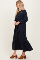 Navy Solid Long Sleeve Button Down Tiered Collared Dress