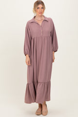 Mocha Solid Long Sleeve Button Down Tiered Collared Dress