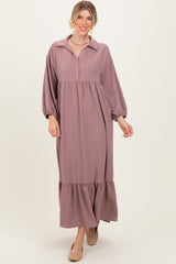 Mocha Solid Long Sleeve Button Down Tiered Collared Dress