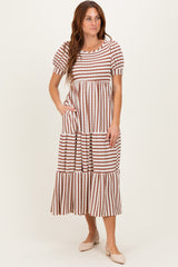 Cream/Camel Striped Short Sleeve Tiered Maternity Maxi Dress
