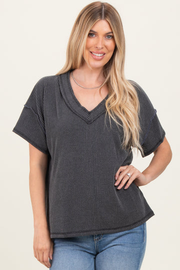 Charcoal Ribbed Short Sleeve V-Neck Reverse Stitch Top