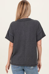 Charcoal Ribbed Short Sleeve V-Neck Reverse Stitch Top