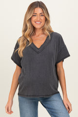 Charcoal Ribbed Short Sleeve V-Neck Reverse Stitch Maternity Top