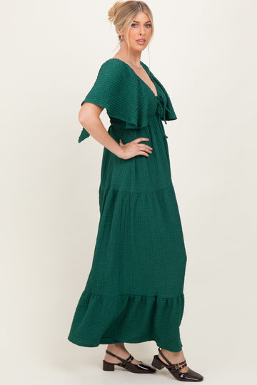 Hunter Green Textured Flutter Sleeve V-Neck Tiered Maxi Dress