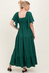 Hunter Green Textured Flutter Sleeve V-Neck Tiered Maxi Dress