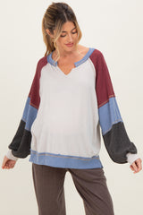Burgundy Color Block Long Sleeve V-Neck Maternity Top