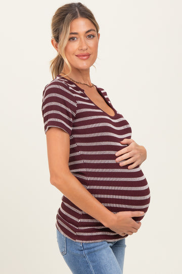 Burgundy Stripe Short Sleeve Round Neck Maternity Top