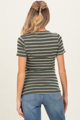 Olive Stripe Short Sleeve Round Neck Maternity Top
