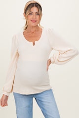 Cream Solid Ribbed Long Sleeve V-Neck Maternity Tunic Top