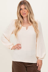 Cream Solid Ribbed Long Sleeve V-Neck Maternity Tunic Top