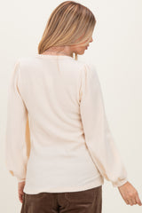 Cream Solid Ribbed Long Sleeve V-Neck Tunic Top