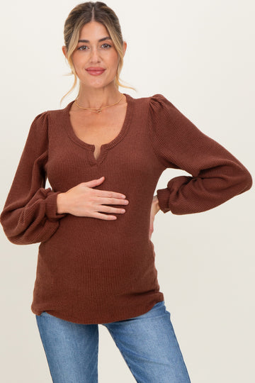 Brown Solid Ribbed Long Sleeve V-Neck Maternity Tunic Top