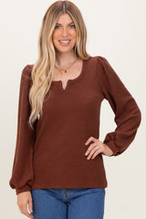 Brown Solid Ribbed Long Sleeve V-Neck Tunic Top