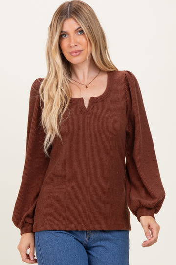 Brown Solid Ribbed Long Sleeve V-Neck Tunic Top