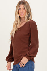 Brown Solid Ribbed Long Sleeve V-Neck Tunic Top