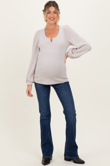 Beige Solid Ribbed Long Sleeve V-Neck Maternity Tunic Top