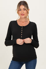 Black Solid Ribbed Long Sleeve Button Down Maternity Tunic Top