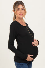 Black Solid Ribbed Long Sleeve Button Down Maternity Tunic Top