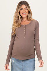 Mocha Solid Ribbed Long Sleeve Button Down Maternity Tunic Top