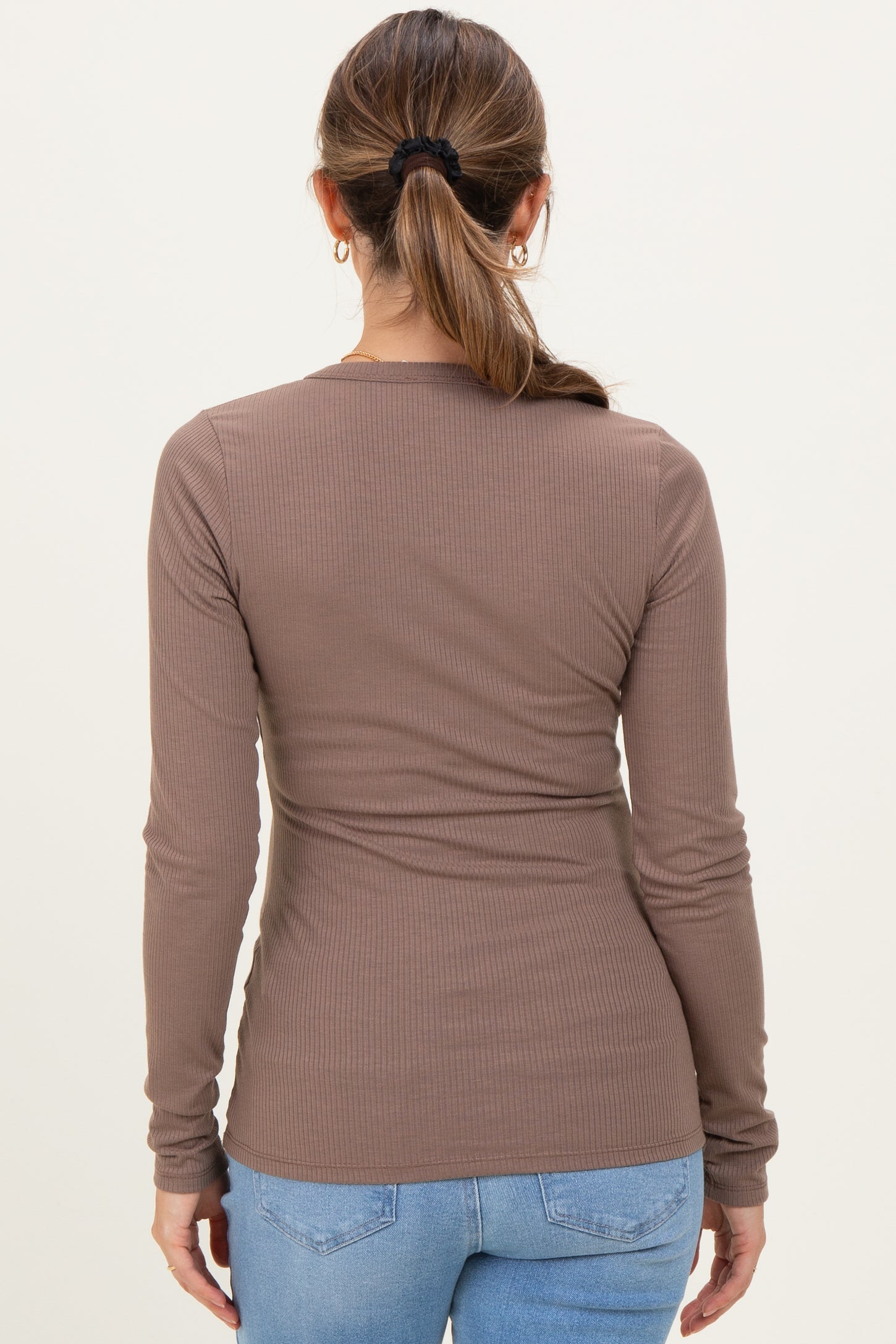 Mocha Solid Ribbed Long Sleeve Round Neck Maternity Tunic Top