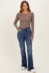 Mocha Solid Ribbed Long Sleeve Round Neck Tunic Top