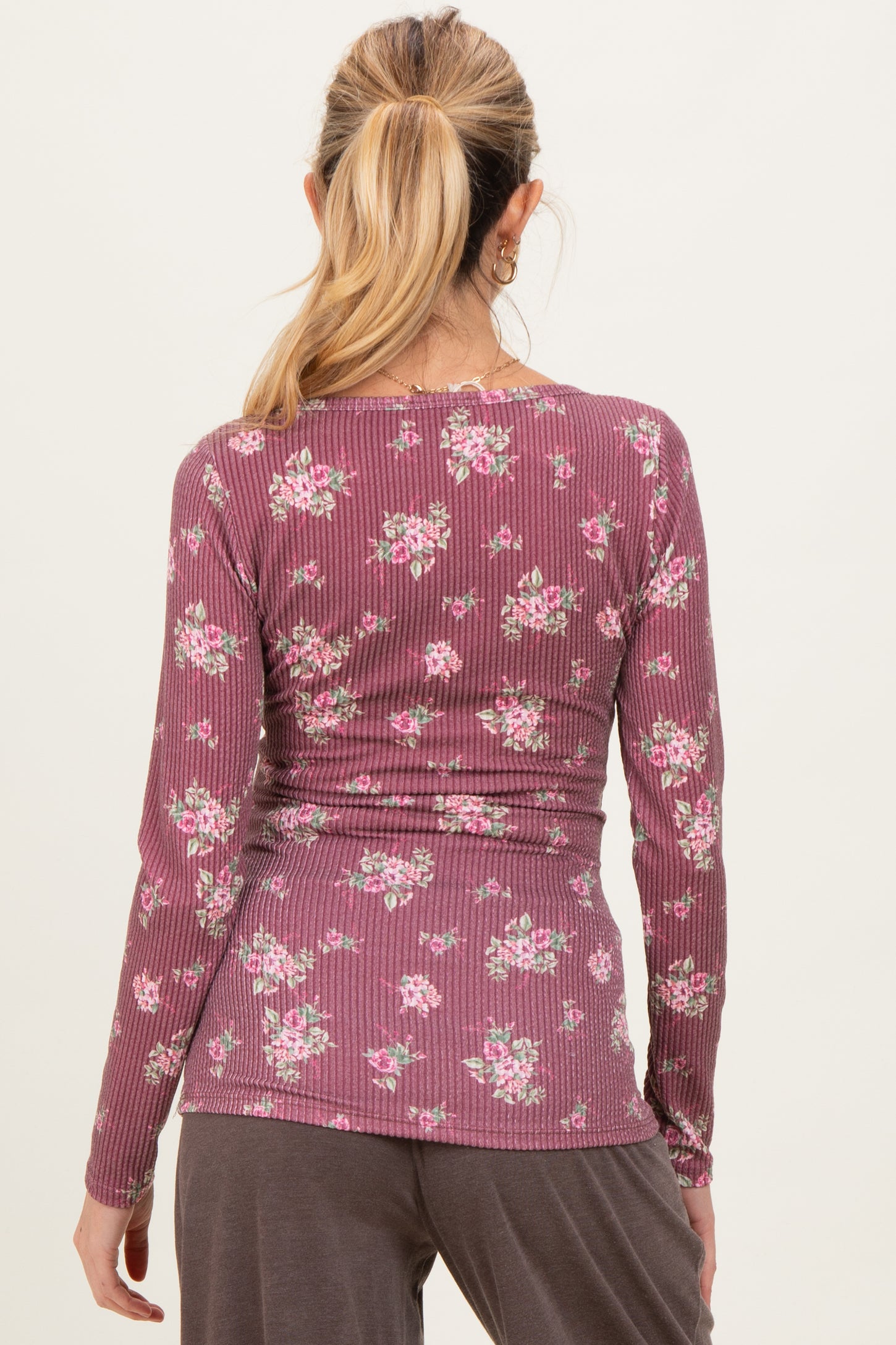 Burgundy Floral Ribbed Long Sleeve Button Down Maternity Tunic Top