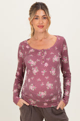 Burgundy Floral Ribbed Long Sleeve Button Down Maternity Tunic Top