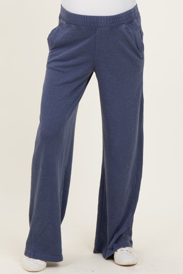 Light Navy Mineral Wash Waffle Knit Contrast Maternity Lounge Pants