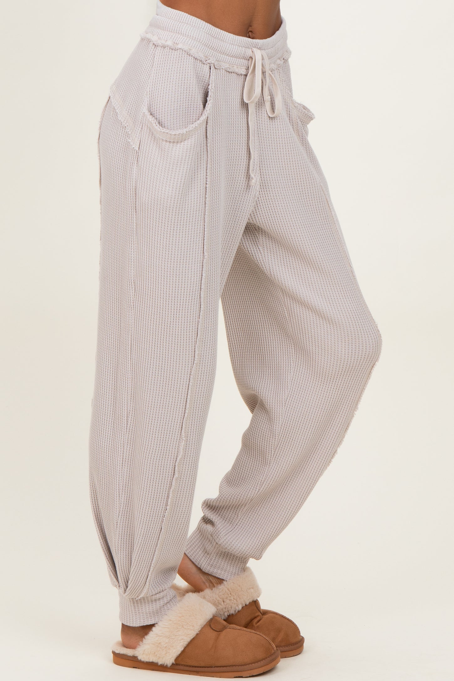 Beige Raw Seam Waffle Knit Joggers