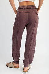 Burgundy Raw Seam Waffle Knit Joggers
