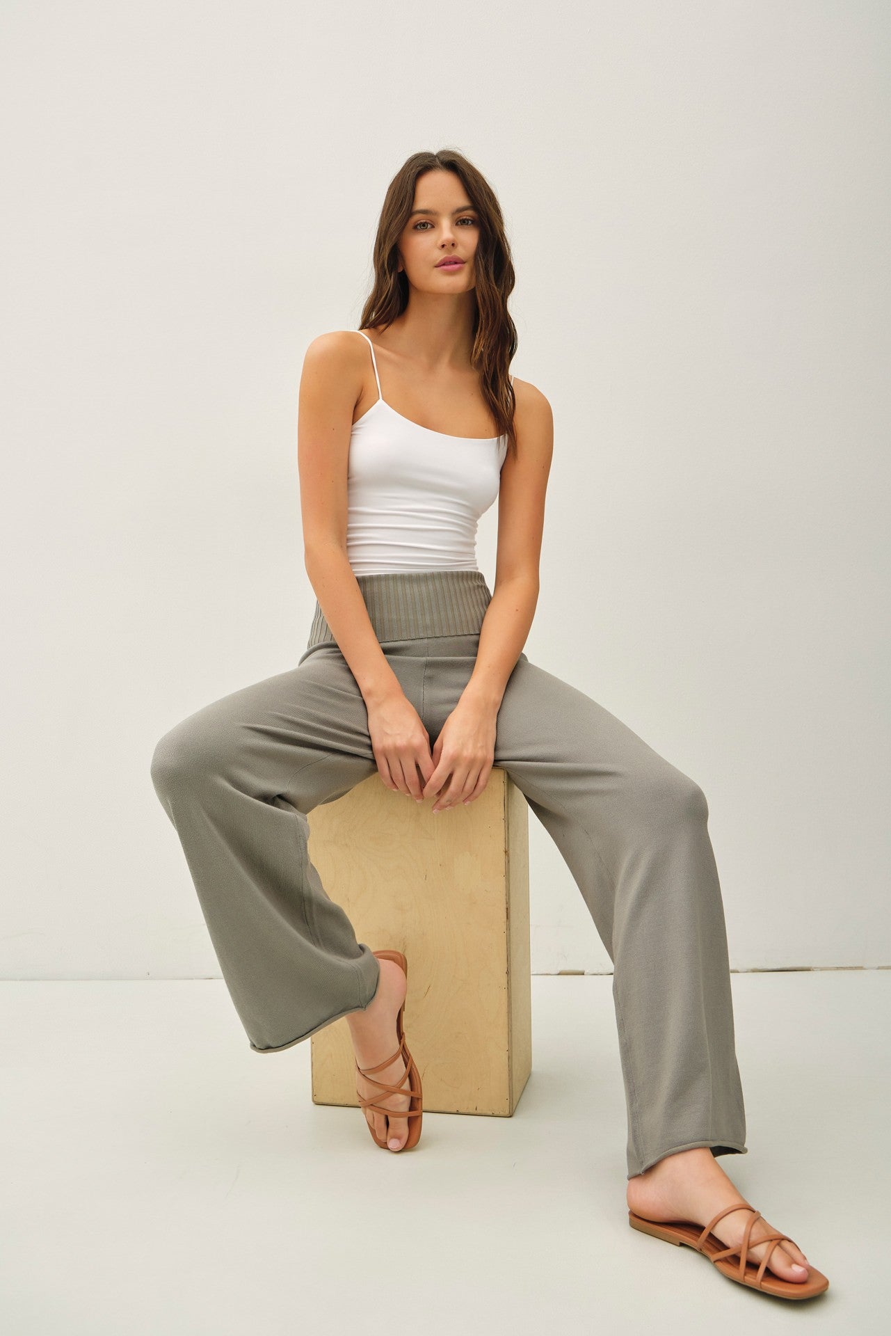 Olive Ribbed Knit Foldover Waist Pants