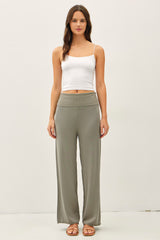 Olive Ribbed Knit Foldover Waist Pants