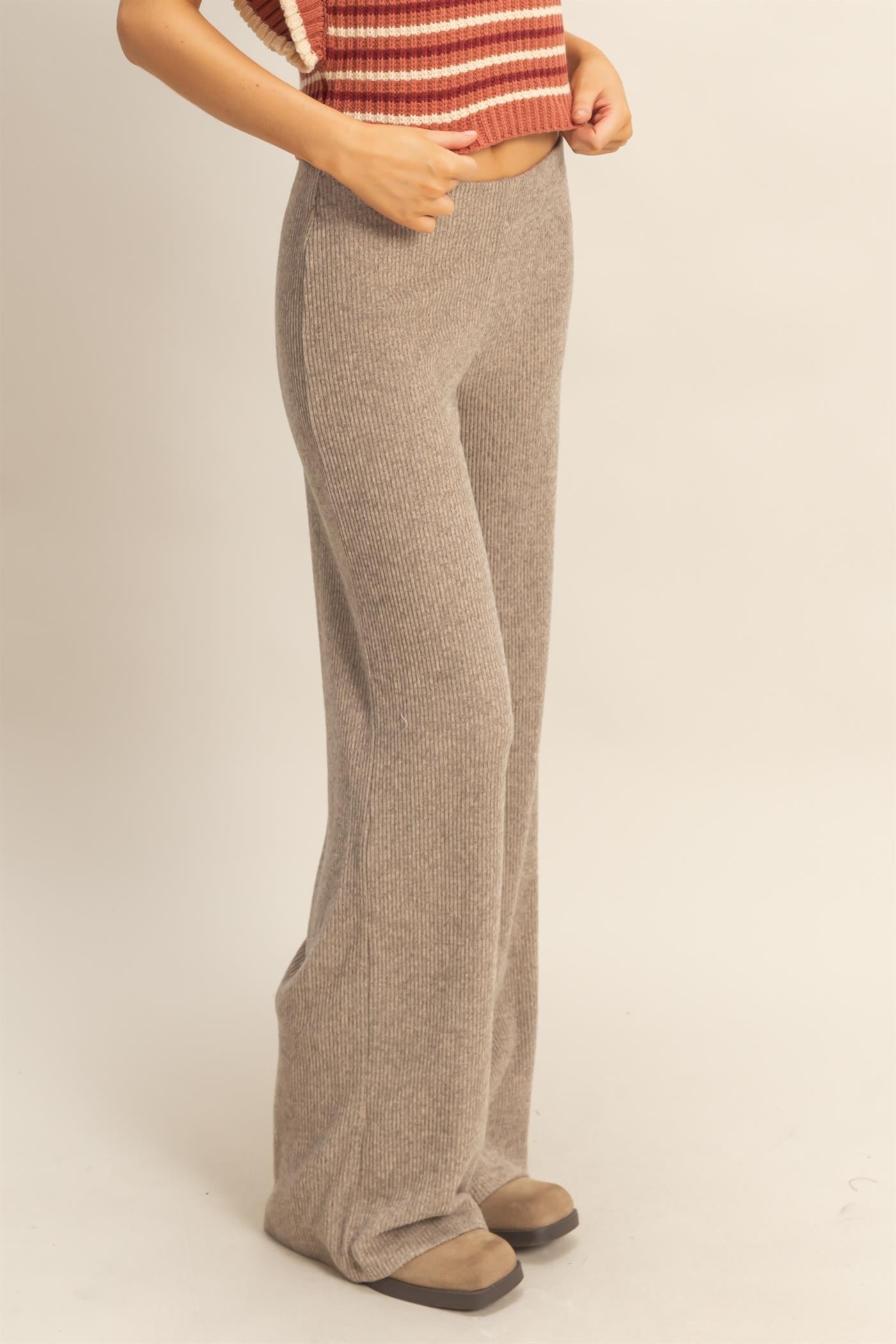 Beige Brushed Knit Flare Leg Pants