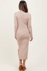 Beige Ribbed Knit Maternity Polo Sweater Dress