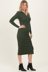 Olive Ribbed Knit Maternity Polo Dress