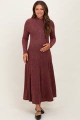 Burgundy Ribbed Mock Neck Maternity Midi Dress