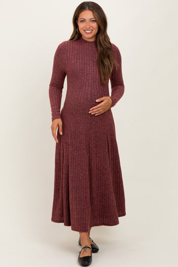 Burgundy Ribbed Mock Neck Maternity Midi Dress