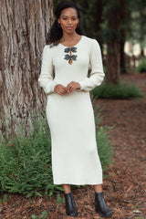 Cream Ribbed Bow Detail Midi Sweater Dress